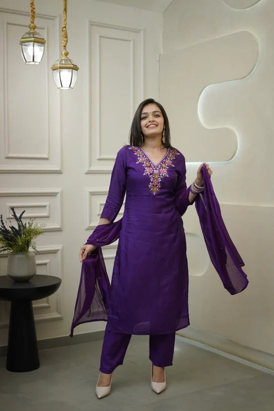 Embroidered Straight Kurti with Pants & Dupatta