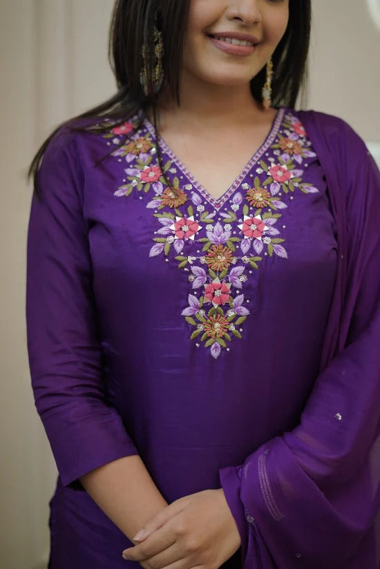 Embroidered Straight Kurti with Pants & Dupatta