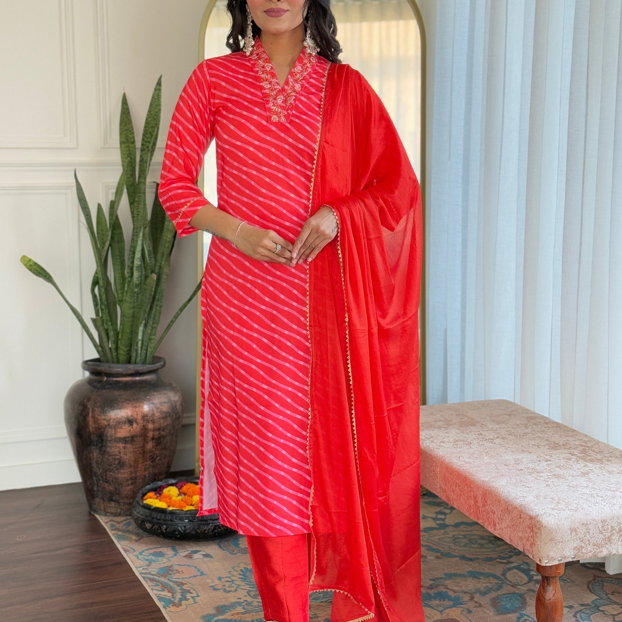 Embroidered Straight Kurti with Pants & Dupatta