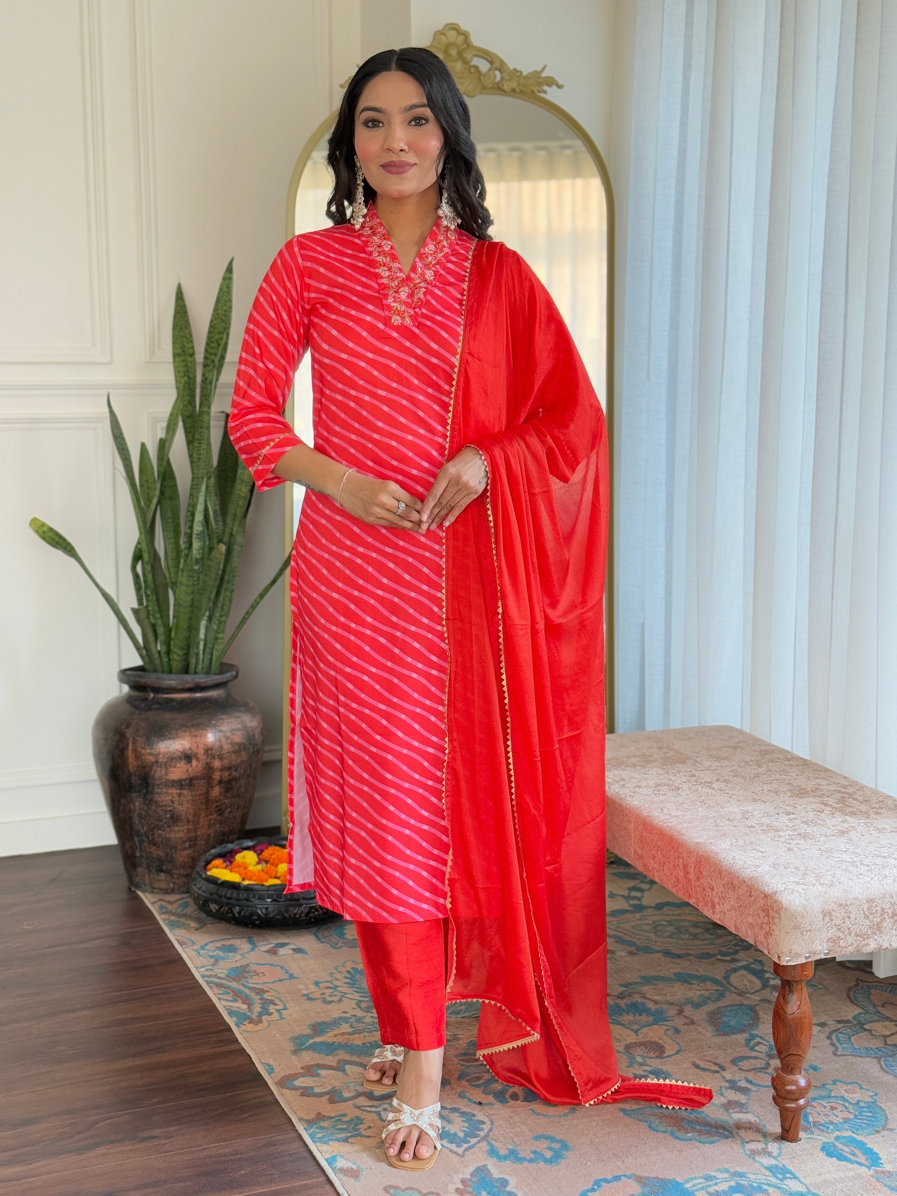 Embroidered Straight Kurti with Pants & Dupatta