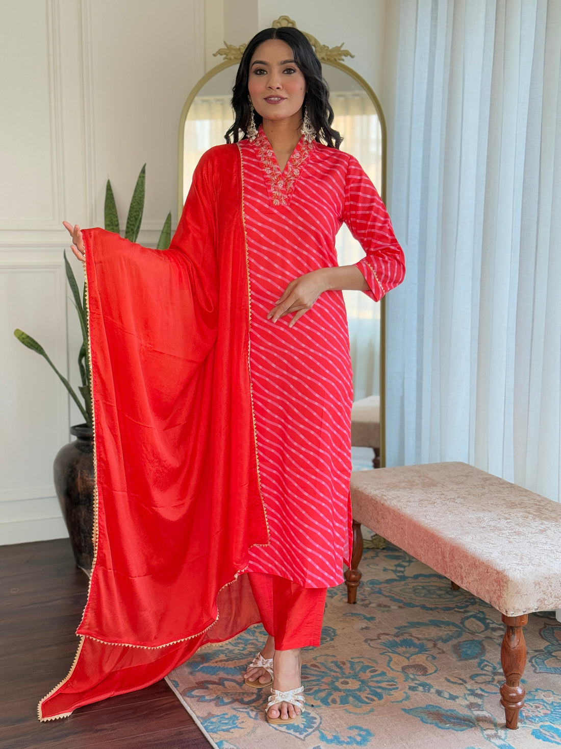 Embroidered Straight Kurti with Pants & Dupatta