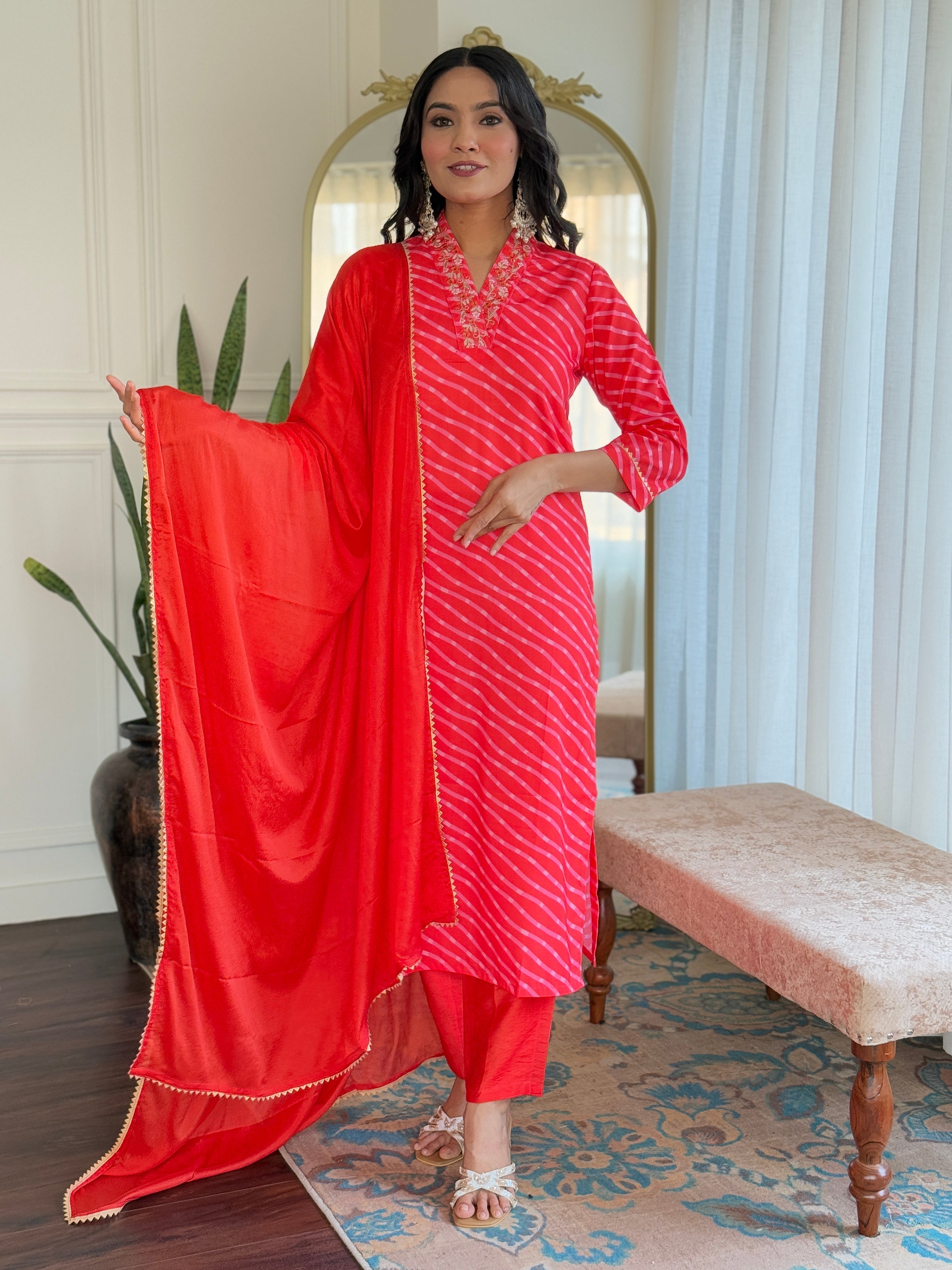 Embroidered Straight Kurti with Pants & Dupatta