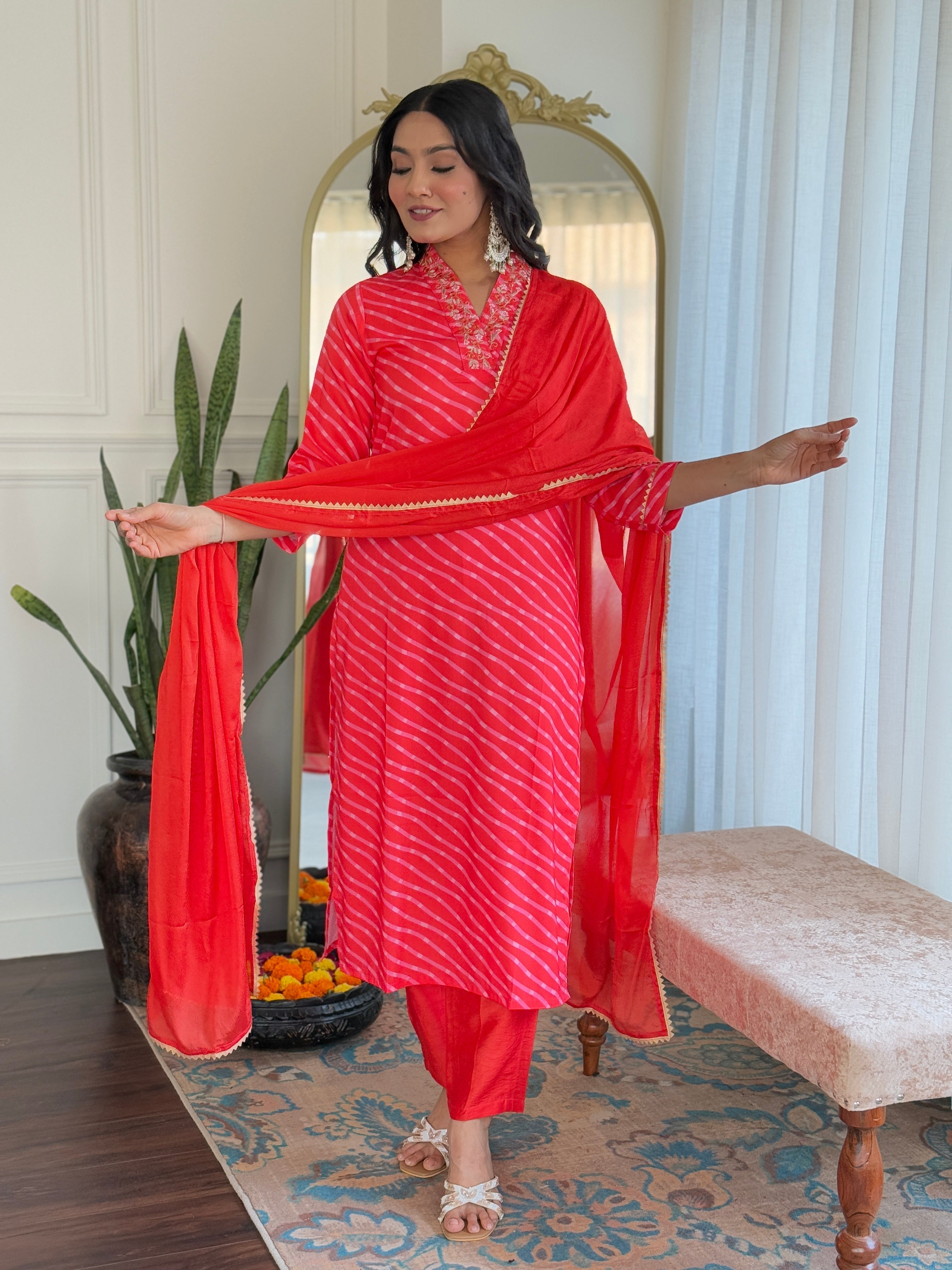 Embroidered Straight Kurti with Pants & Dupatta