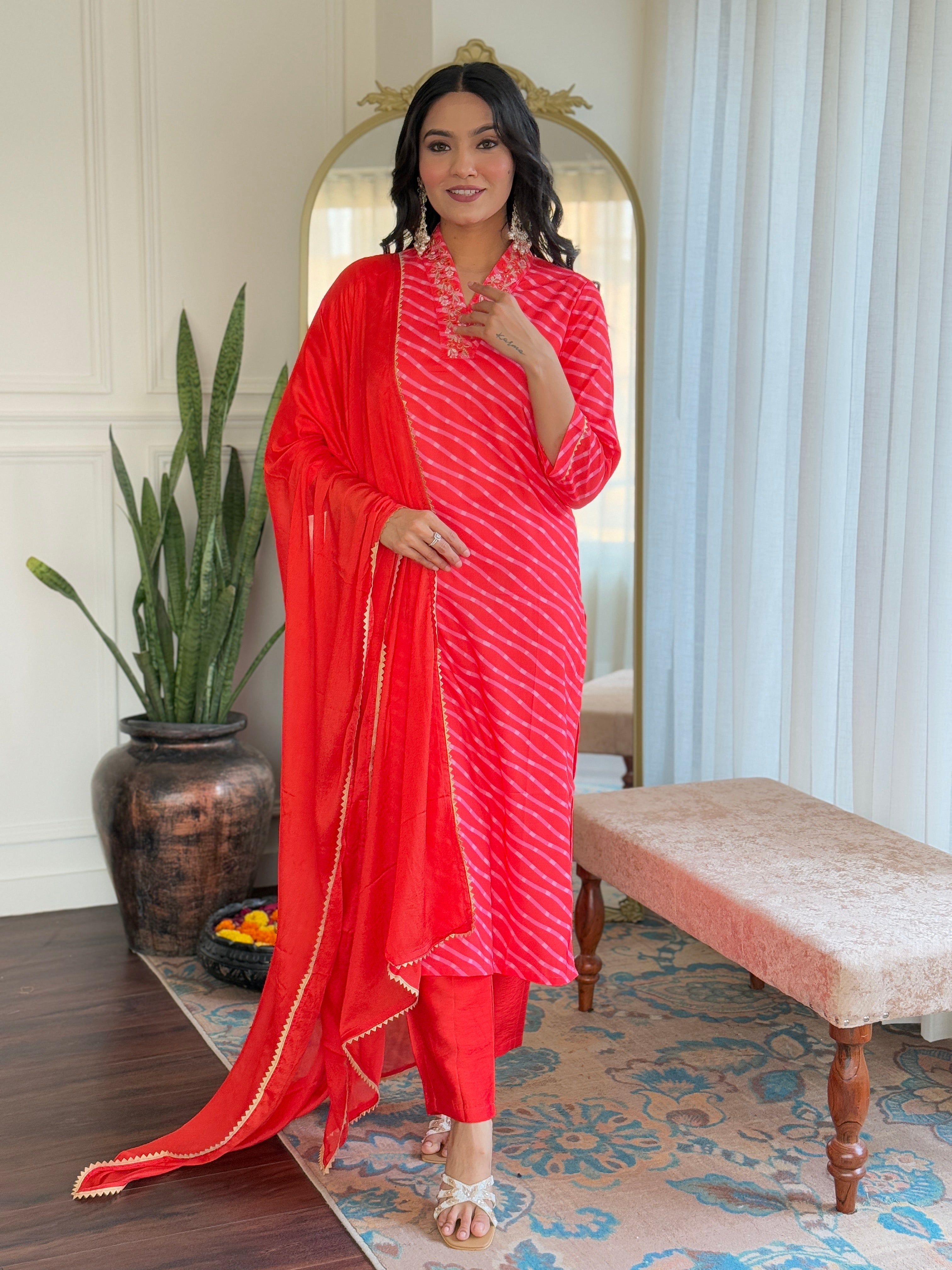 Embroidered Straight Kurti with Pants & Dupatta