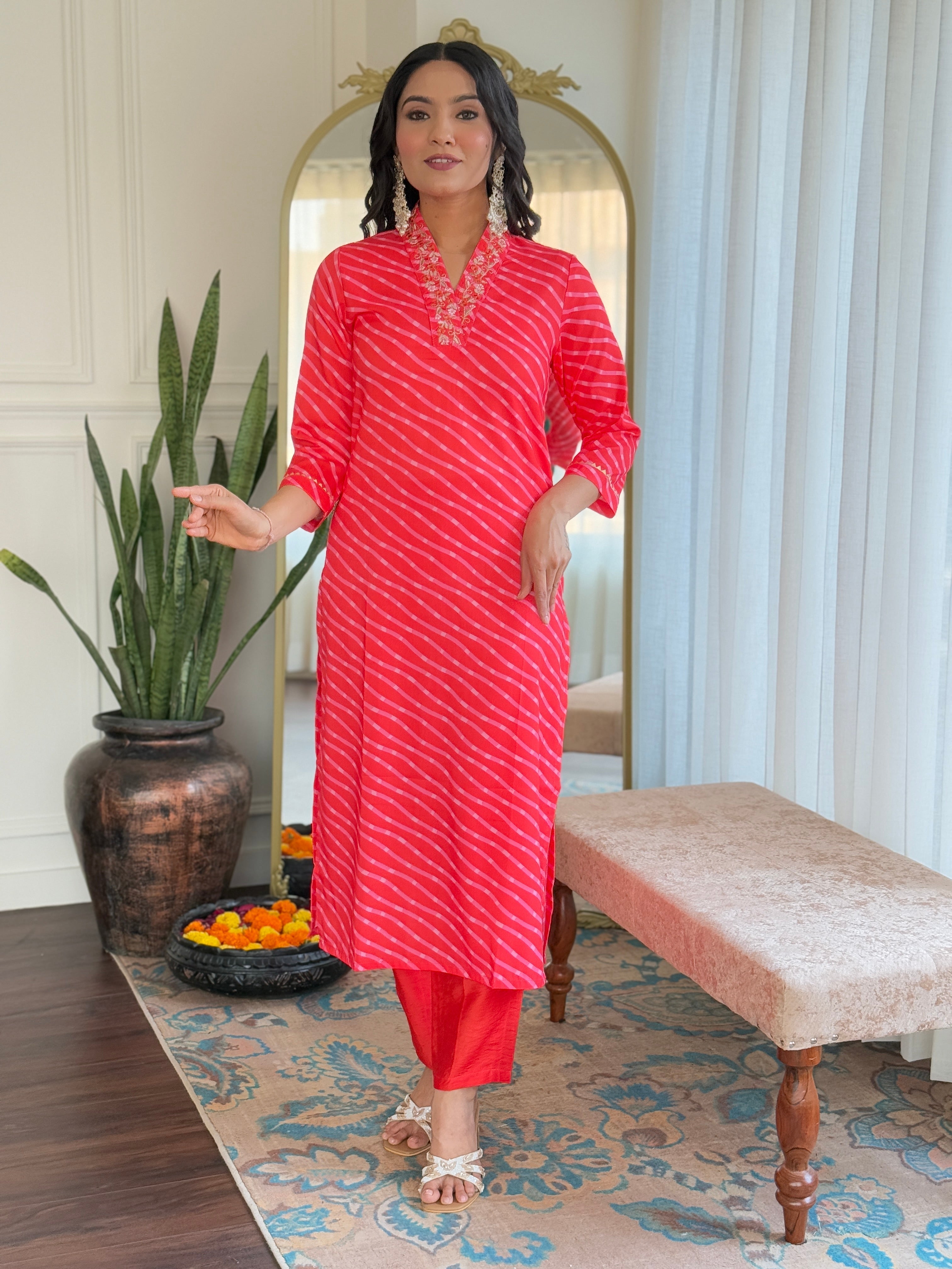 Embroidered Straight Kurti with Pants & Dupatta