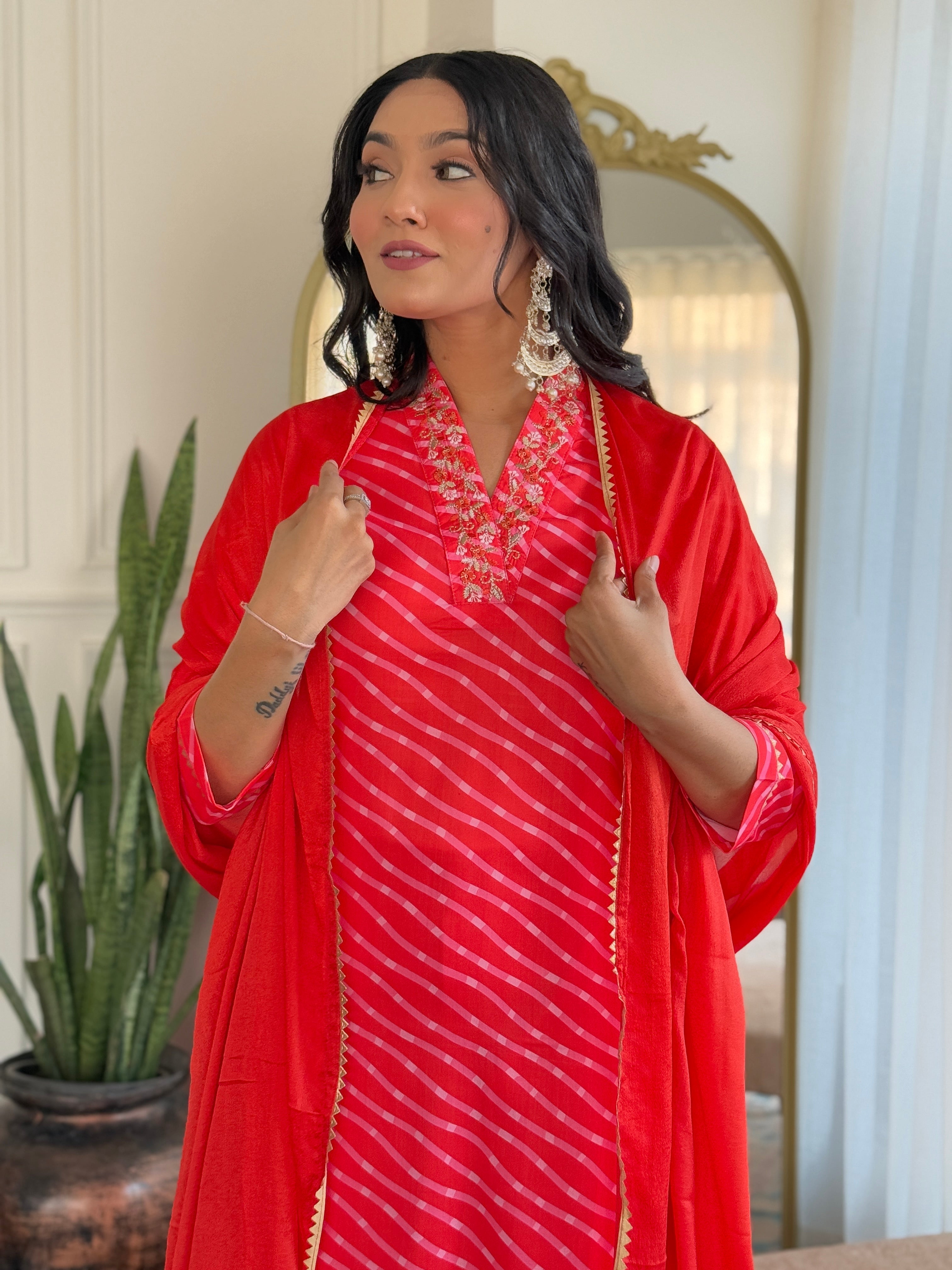 Embroidered Straight Kurti with Pants & Dupatta