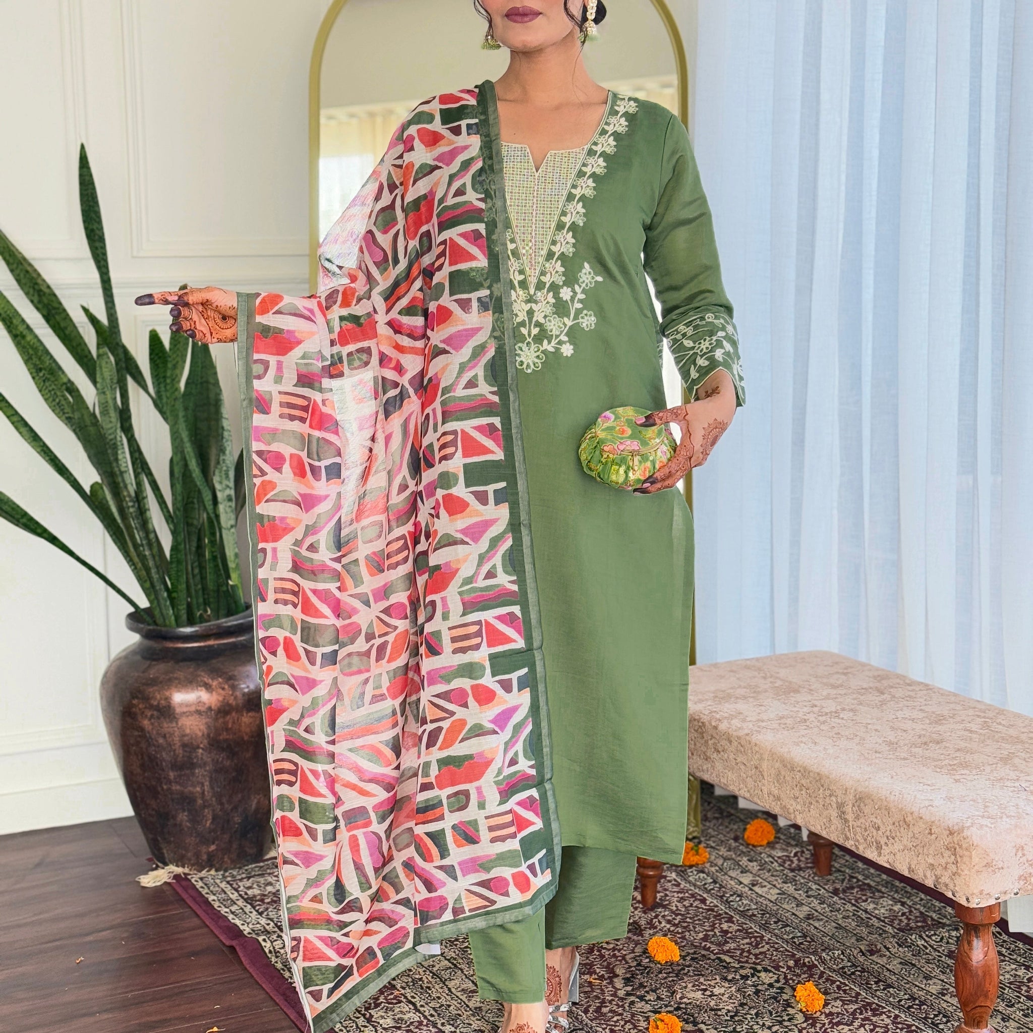 Embroidered Straight Kurti with Pants & Dupatta