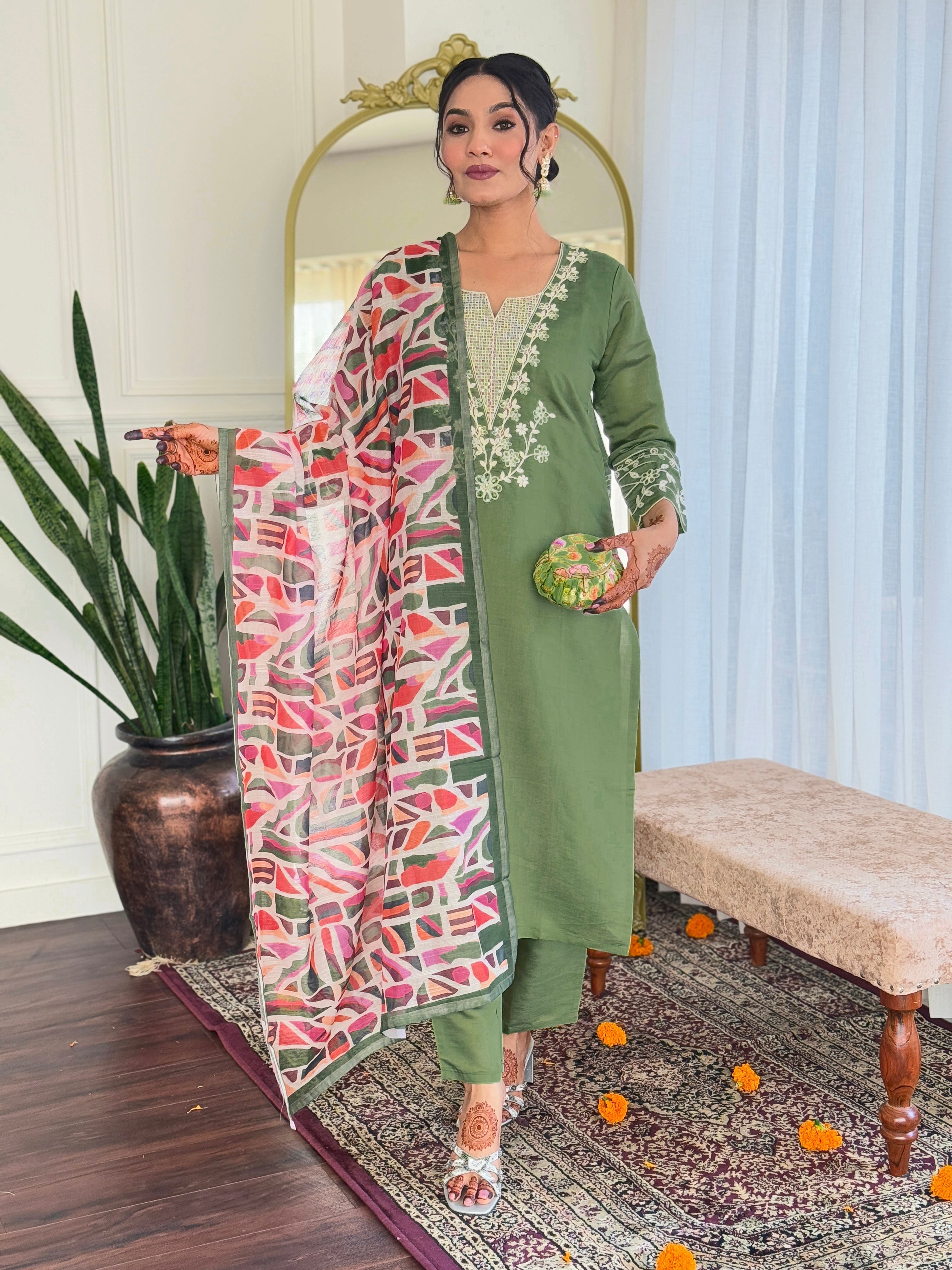 Embroidered Straight Kurti with Pants & Dupatta