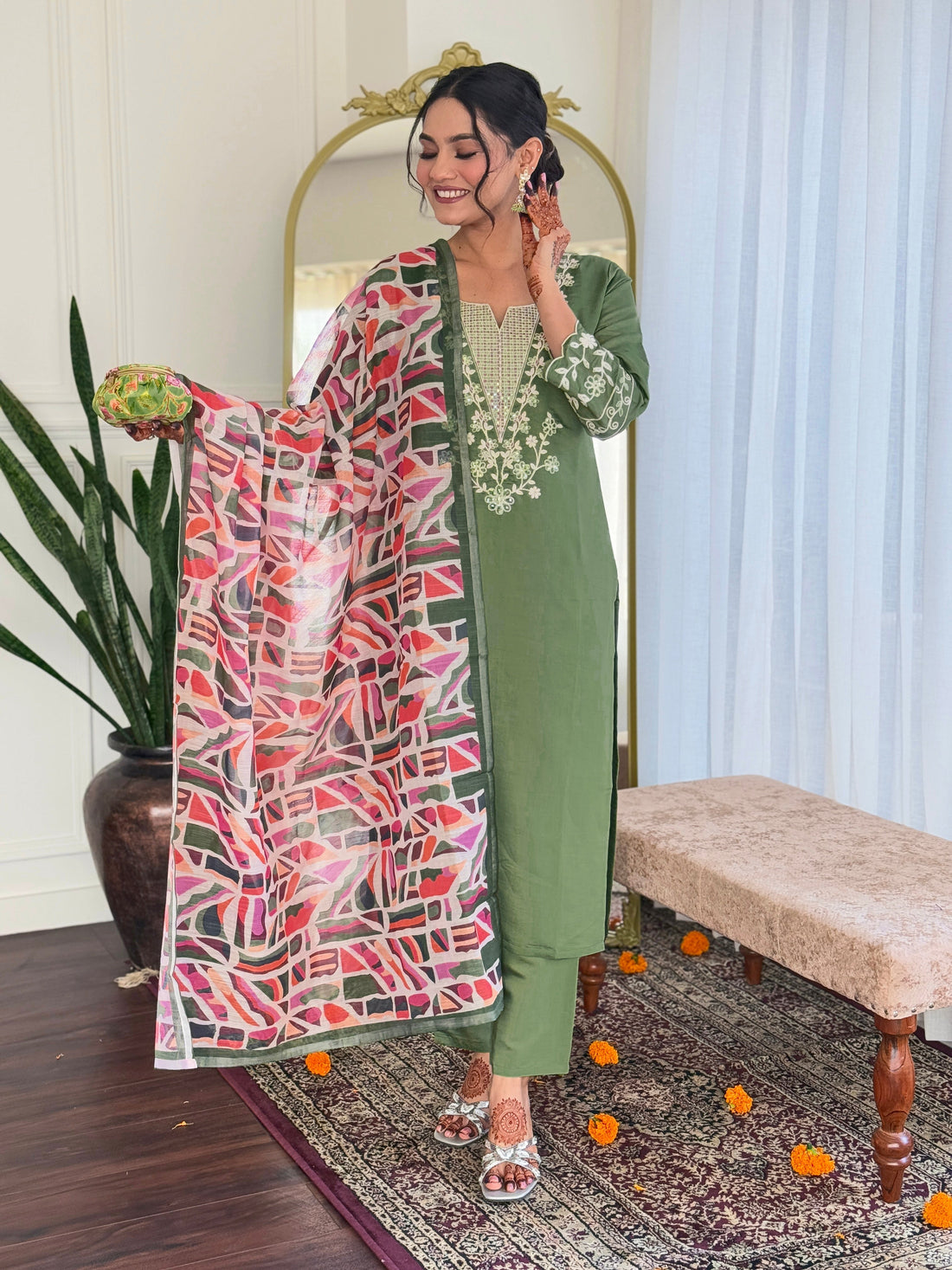 Embroidered Straight Kurti with Pants & Dupatta
