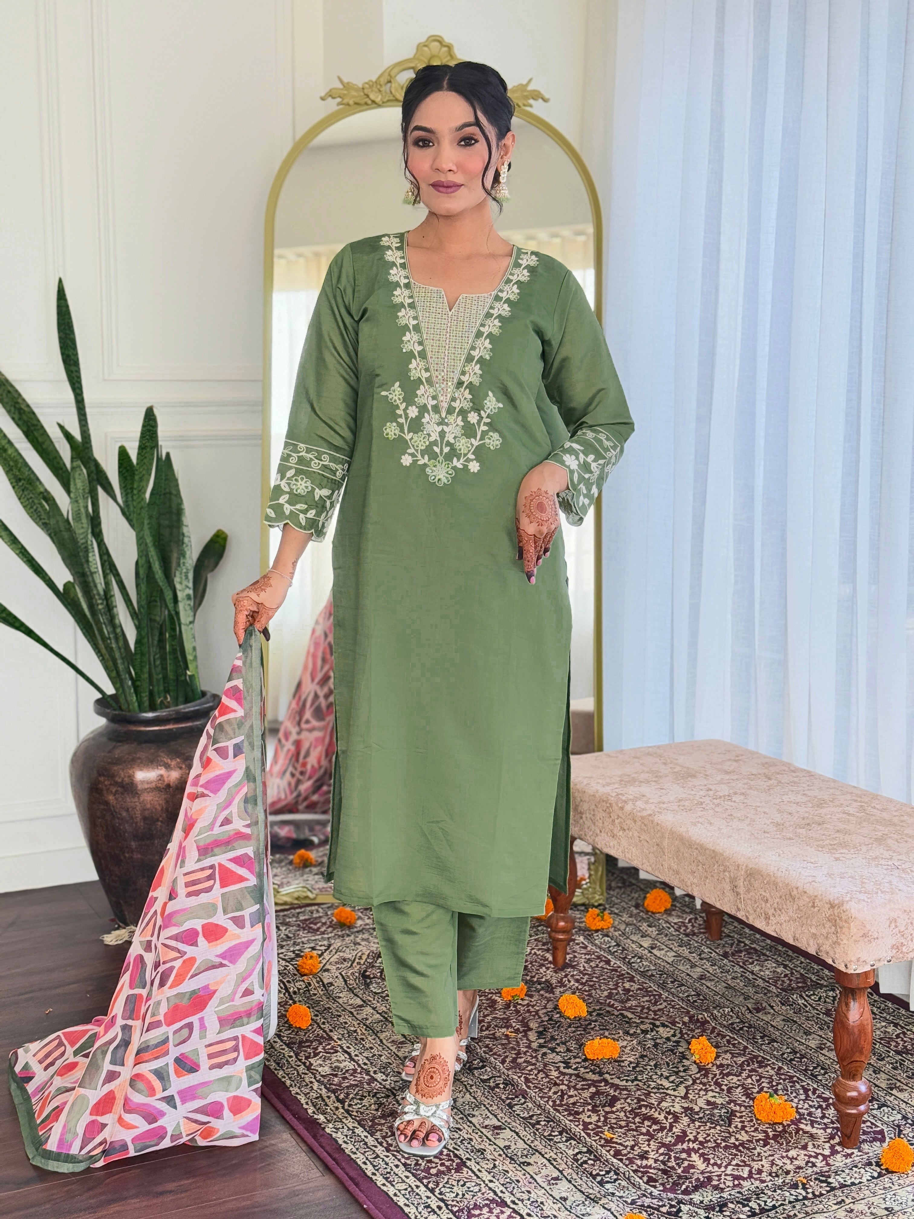 Embroidered Straight Kurti with Pants & Dupatta