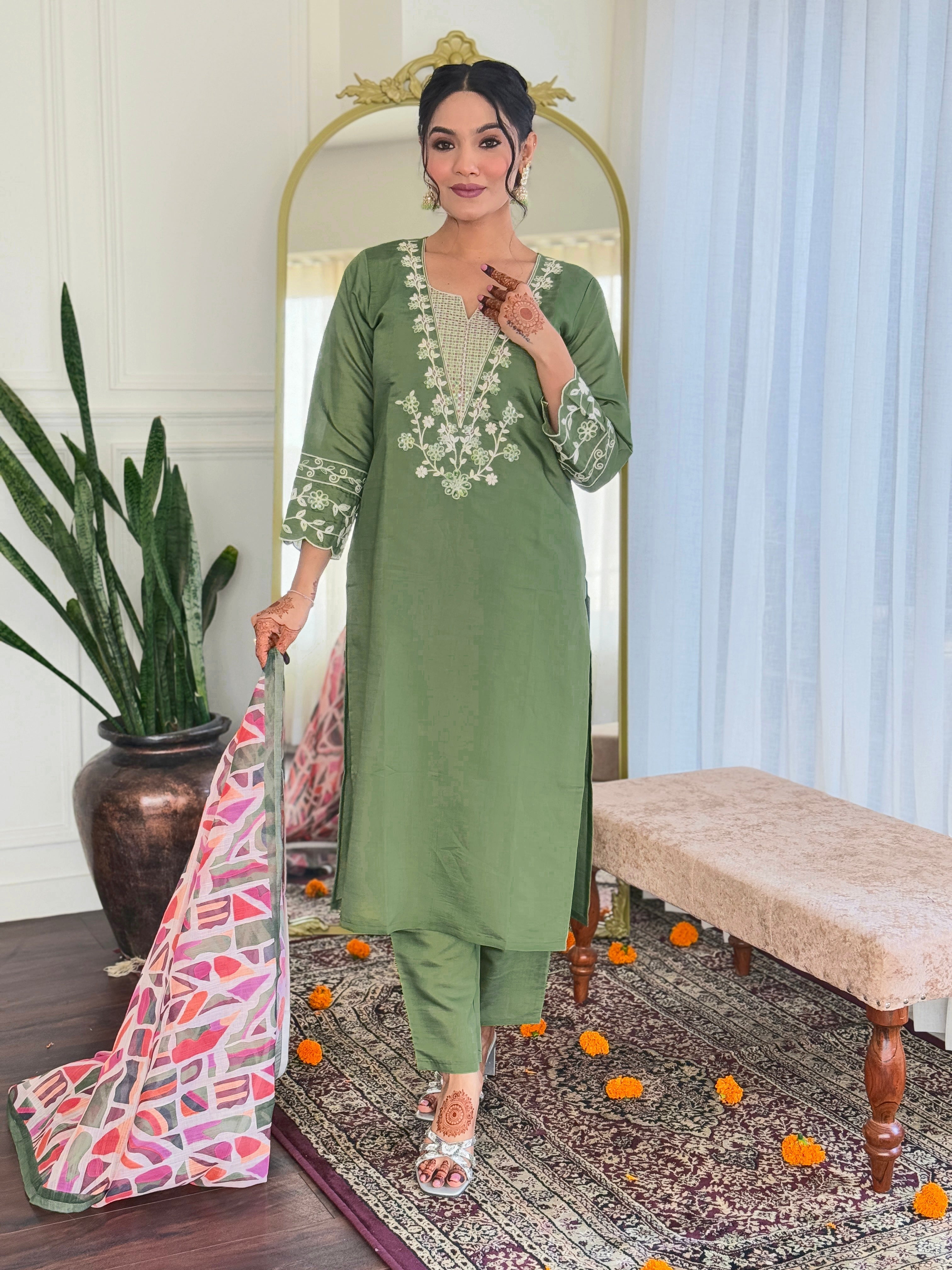 Embroidered Straight Kurti with Pants & Dupatta