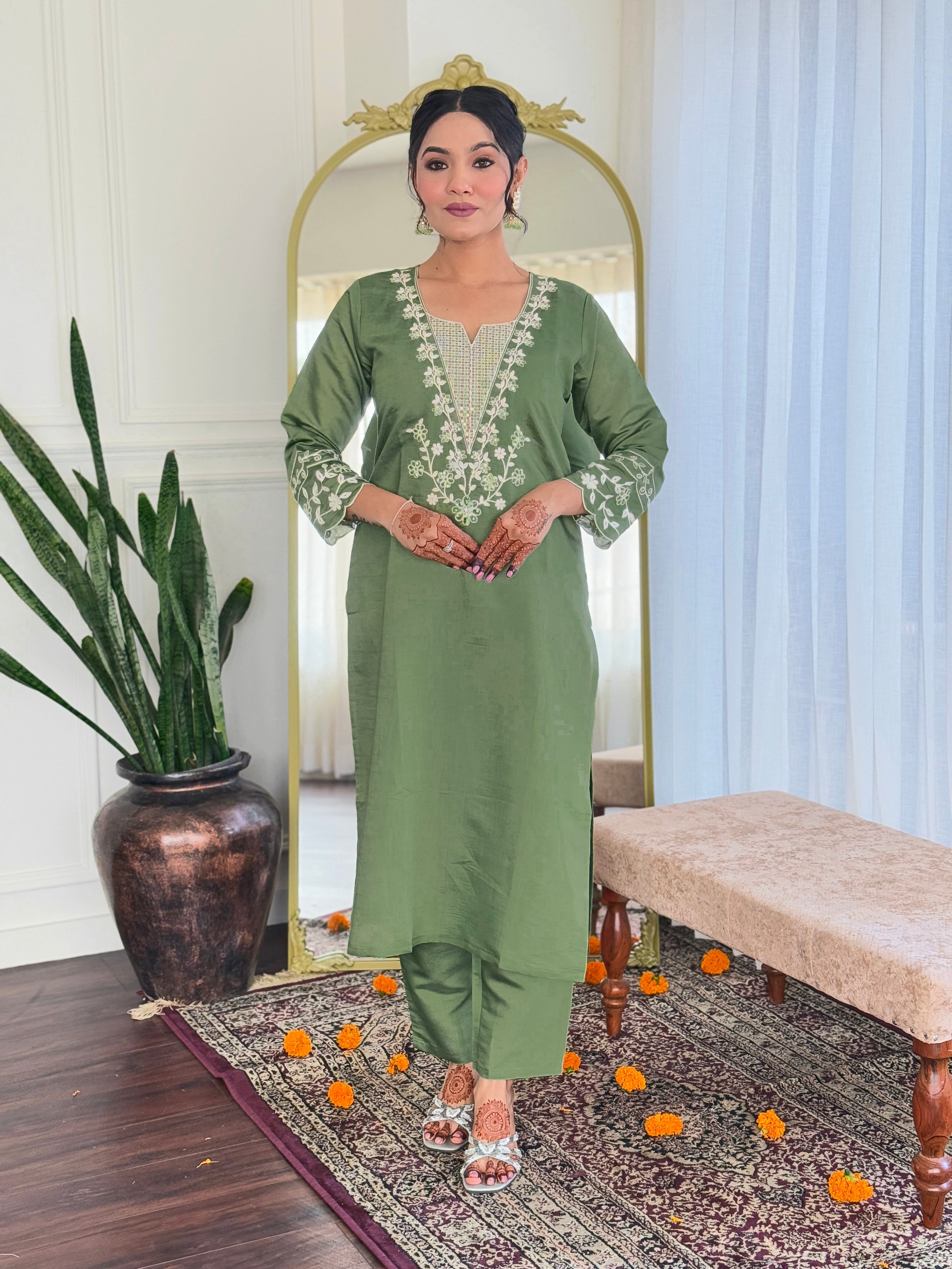 Embroidered Straight Kurti with Pants & Dupatta