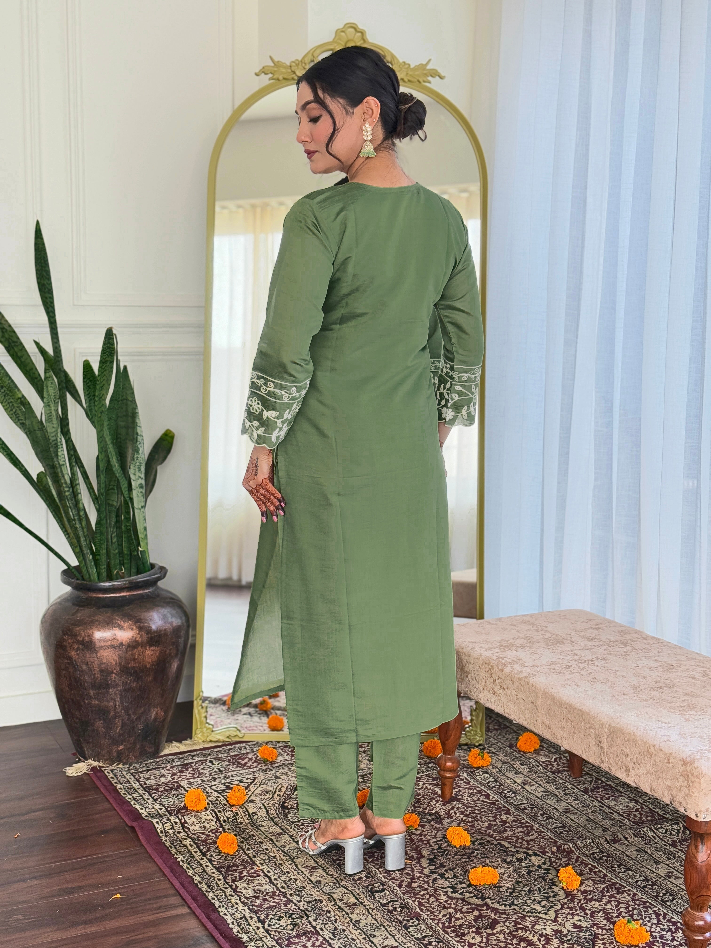 Embroidered Straight Kurti with Pants & Dupatta