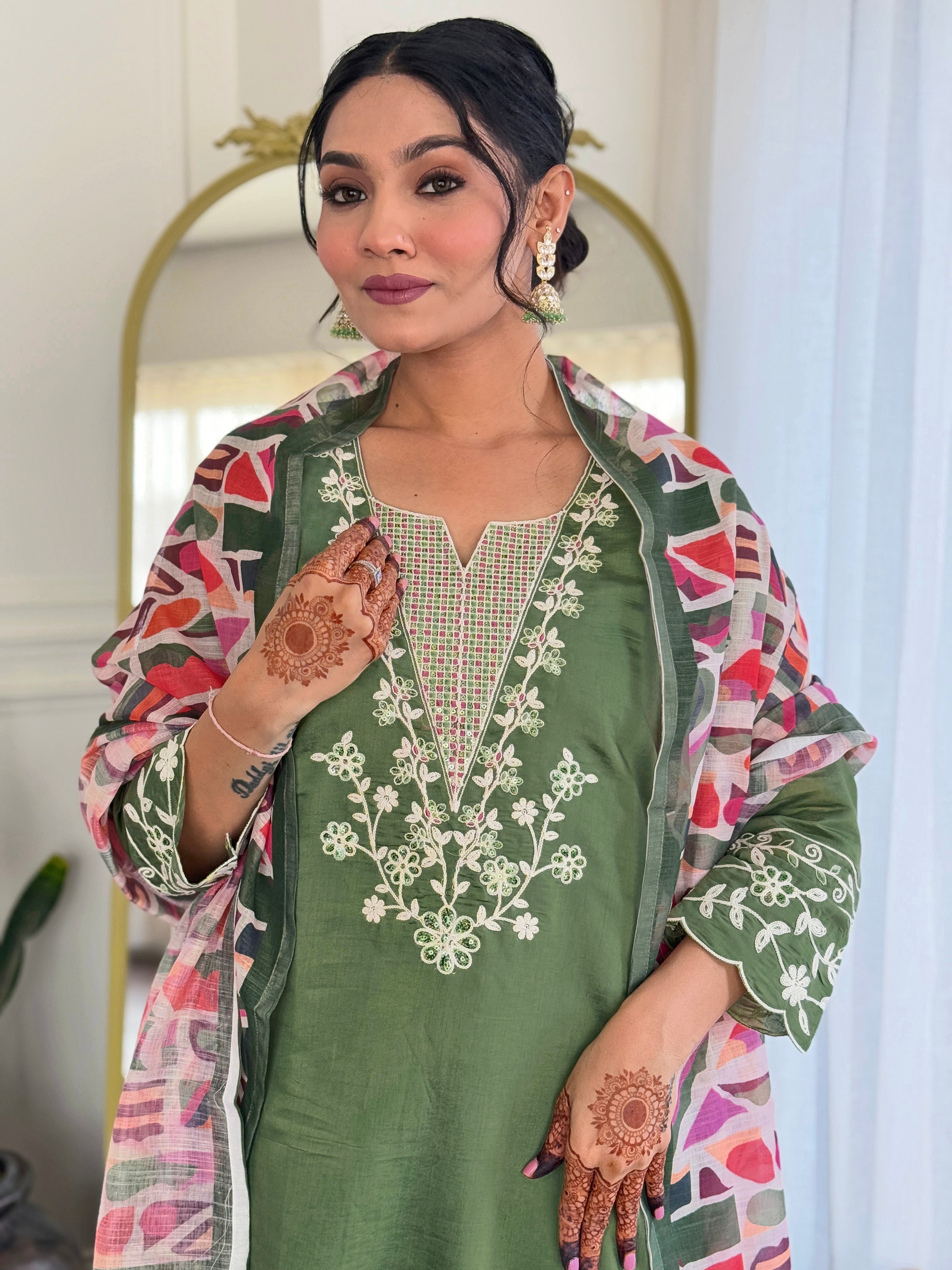 Embroidered Straight Kurti with Pants & Dupatta