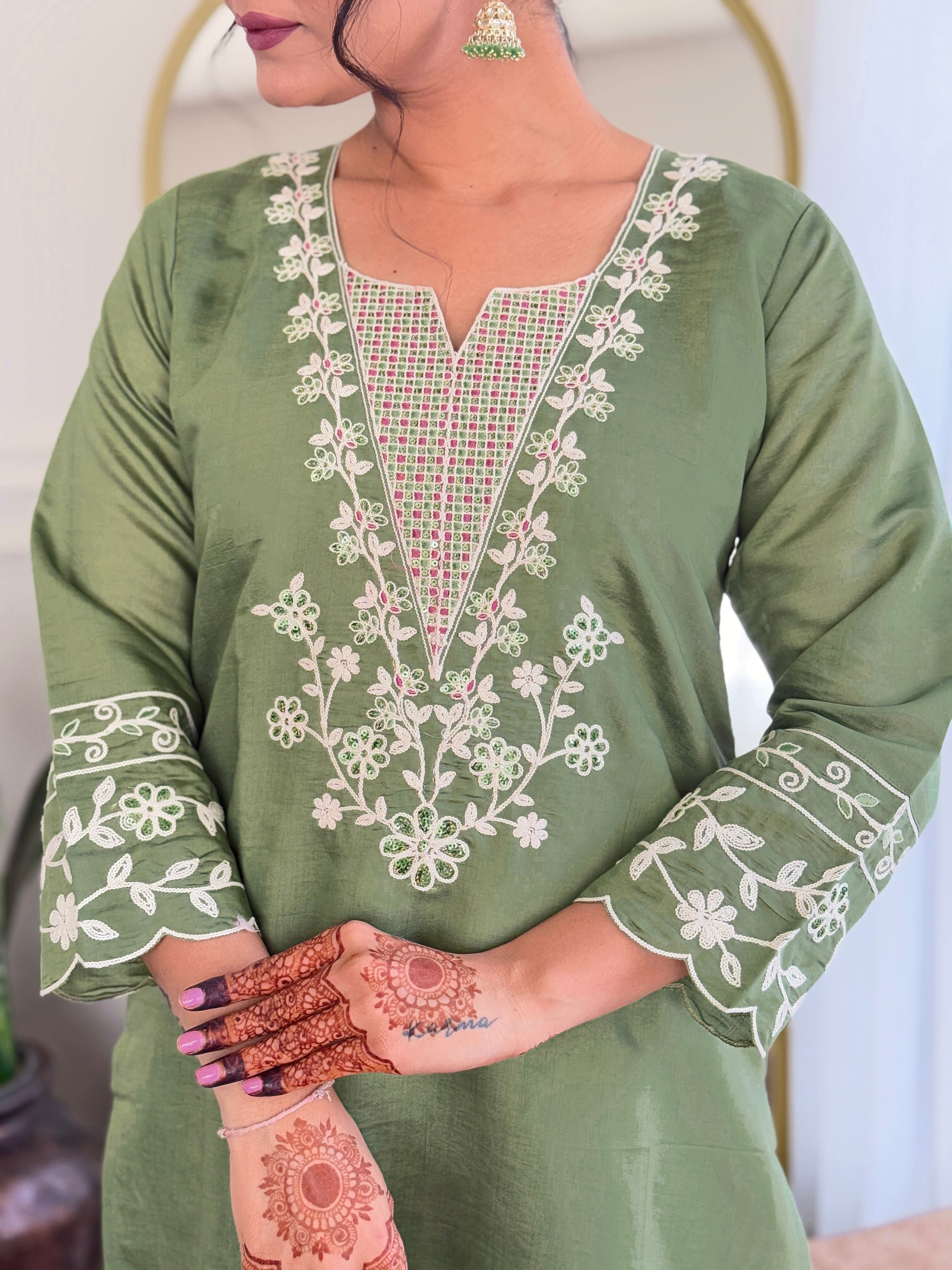 Embroidered Straight Kurti with Pants & Dupatta