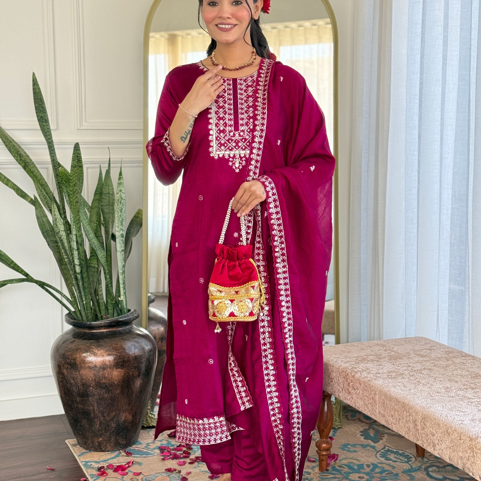 Embroidered Straight Kurti with Pants & Dupatta