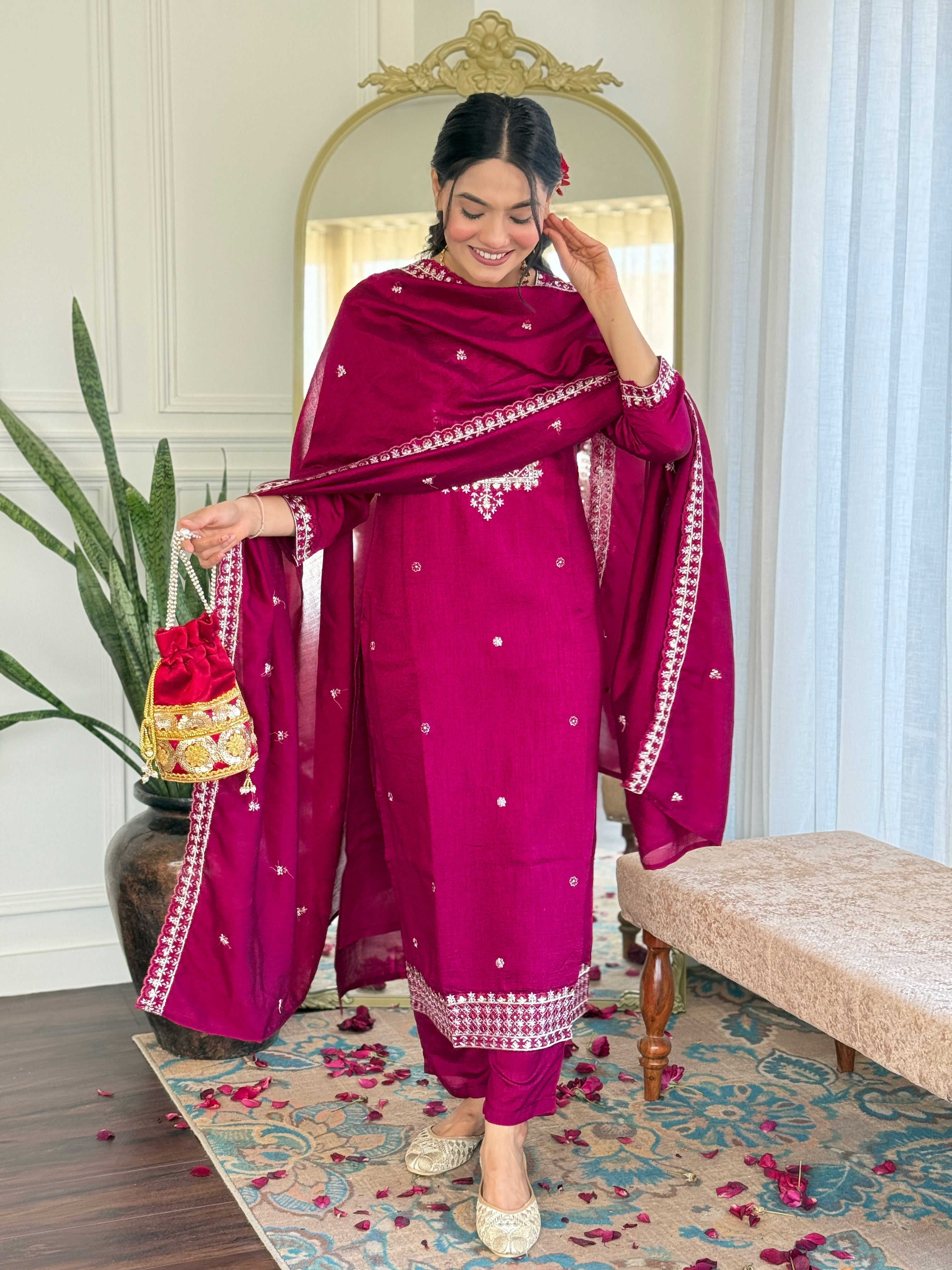 Embroidered Straight Kurti with Pants & Dupatta