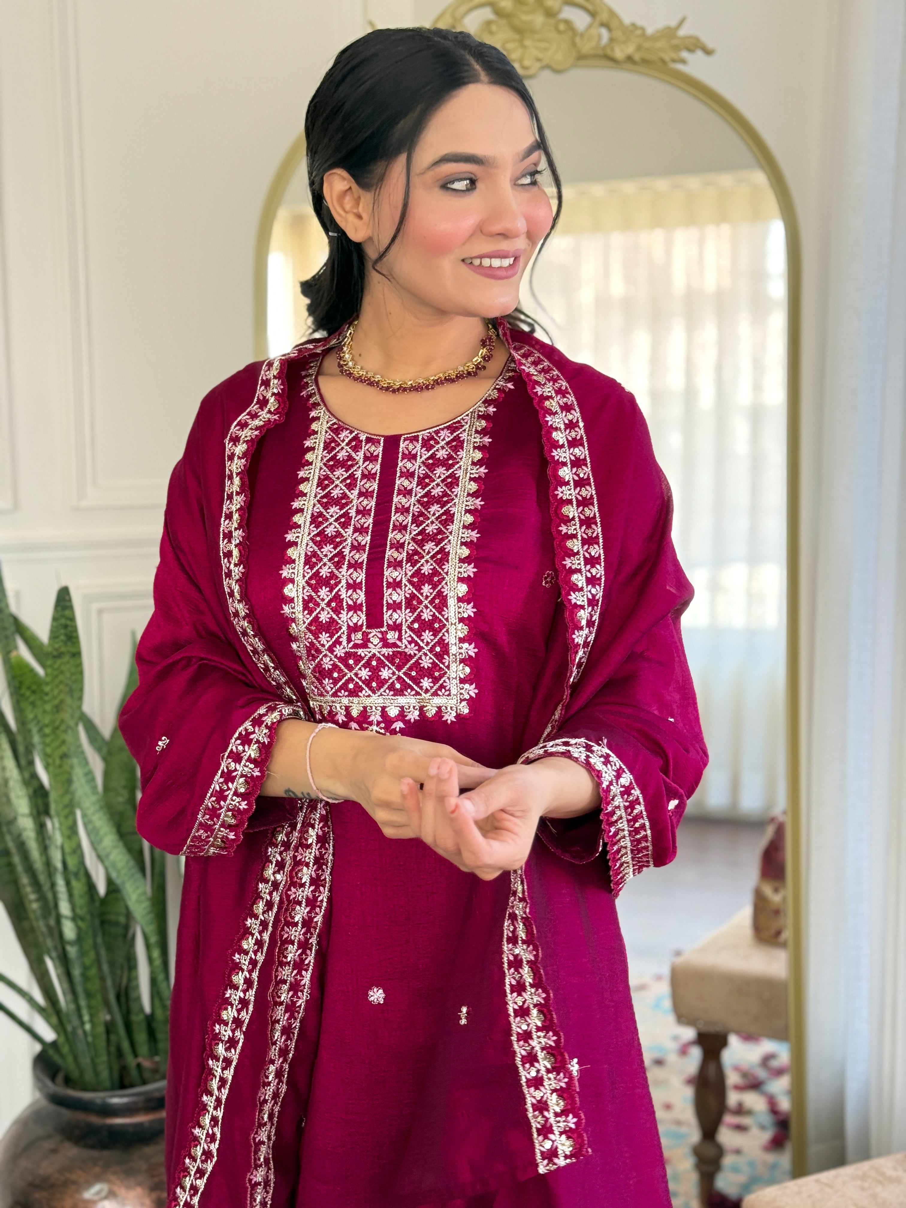 Embroidered Straight Kurti with Pants & Dupatta