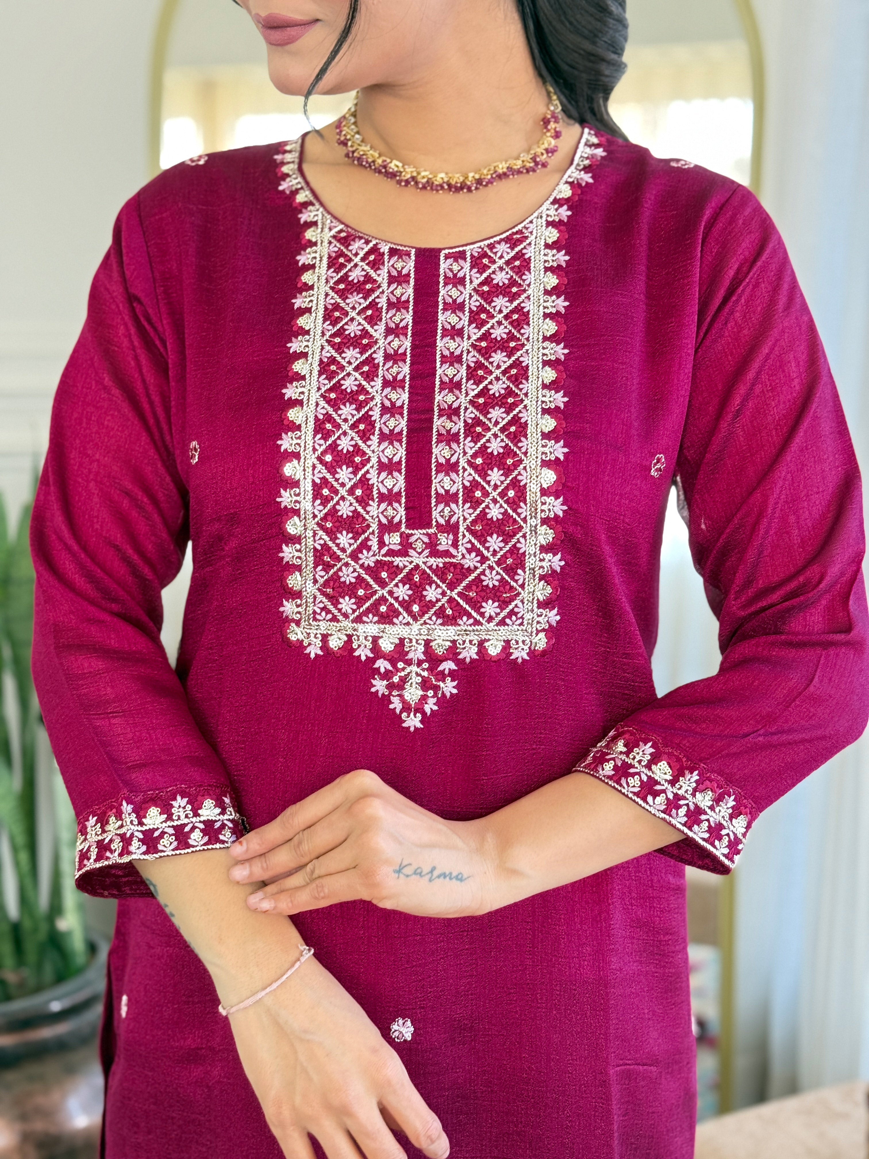 Embroidered Straight Kurti with Pants & Dupatta